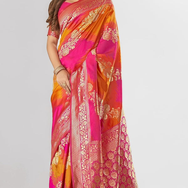 Pink-orange Banarasi silk jacquard saree – front view