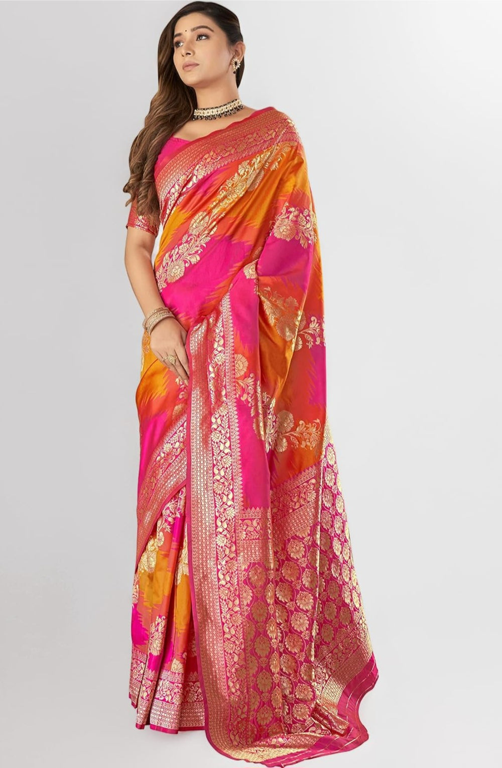 Pink-orange Banarasi silk jacquard saree – front view