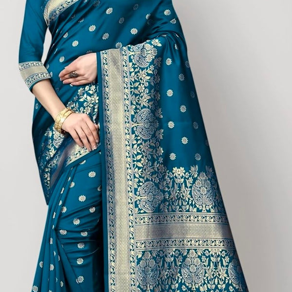 Teal blue Banarasi soft silk saree with gold zari work – front view