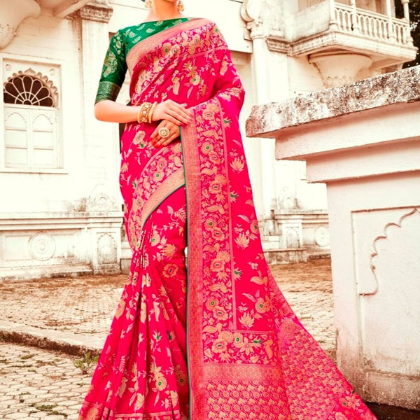 Magenta Banarasi silk blend saree with zari brocade – festive look