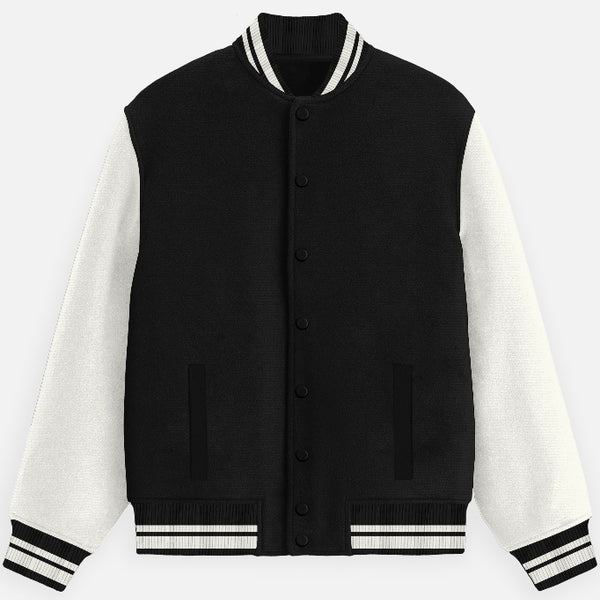 Unisex varsity jacket with snap buttons and striped ribbed collar and cuffs
