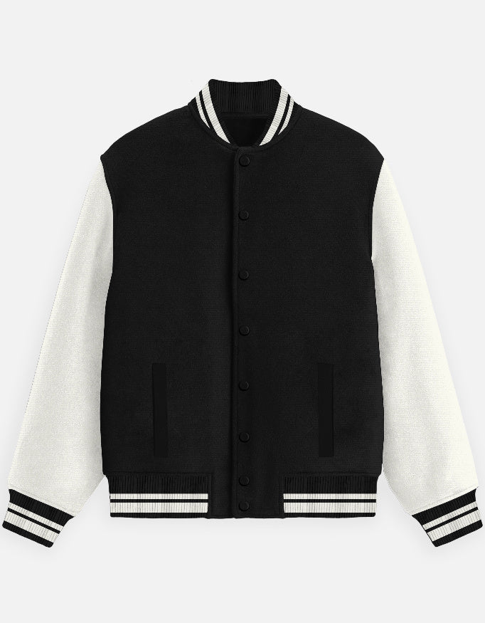Unisex varsity jacket with snap buttons and striped ribbed collar and cuffs