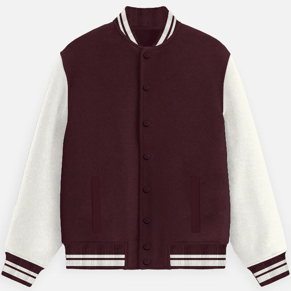 Unisex varsity jacket in navy with chenille patch and ribbed hem