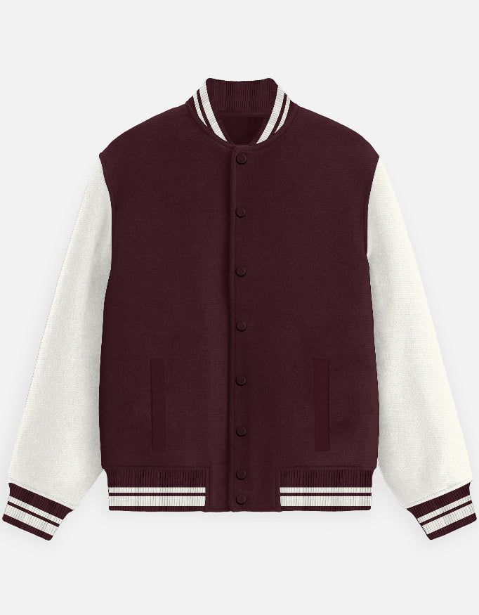 Unisex varsity jacket in navy with chenille patch and ribbed hem