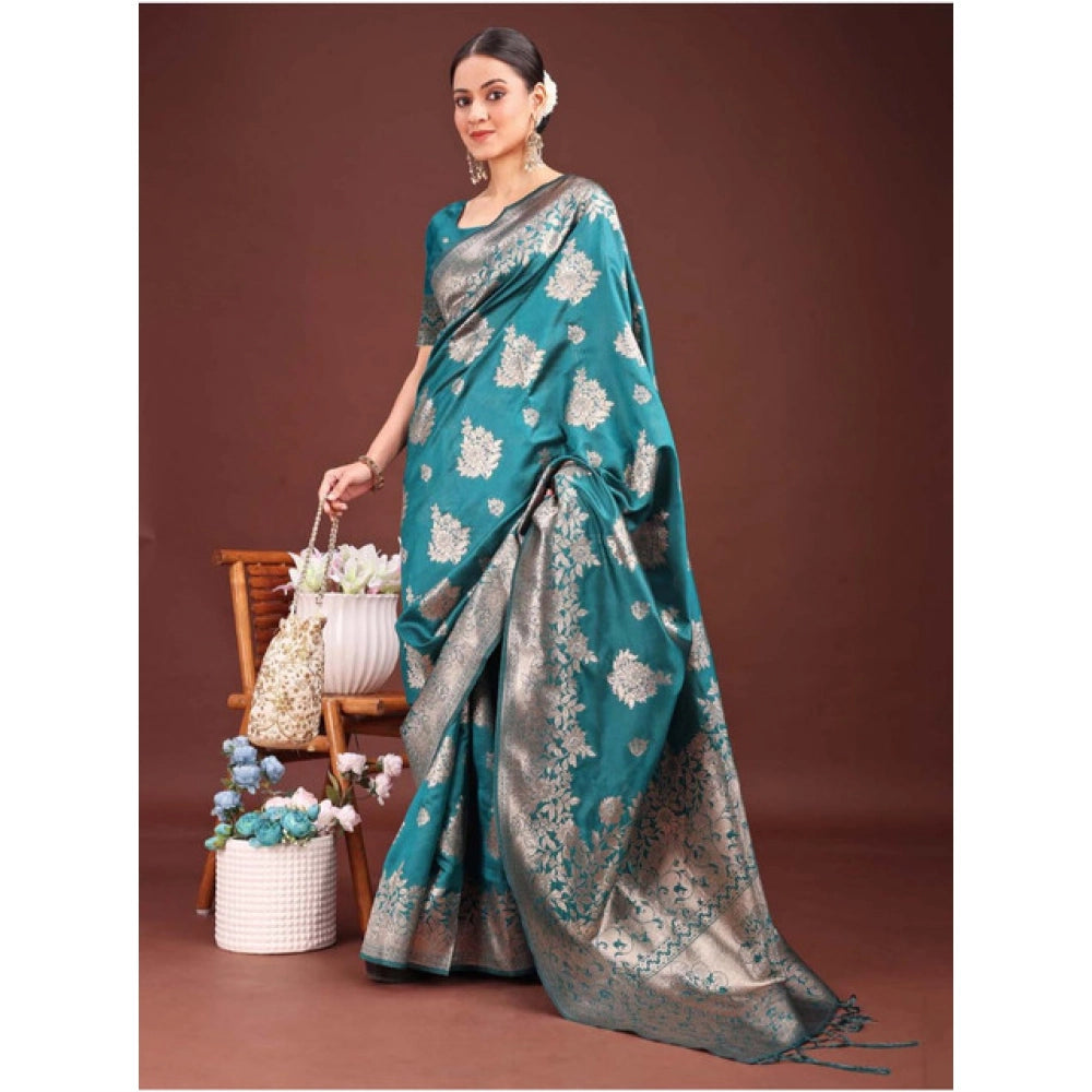 Women's Banarasi Silk Printed Saree with Unstitched Blouse – Sea Green (5.5m)